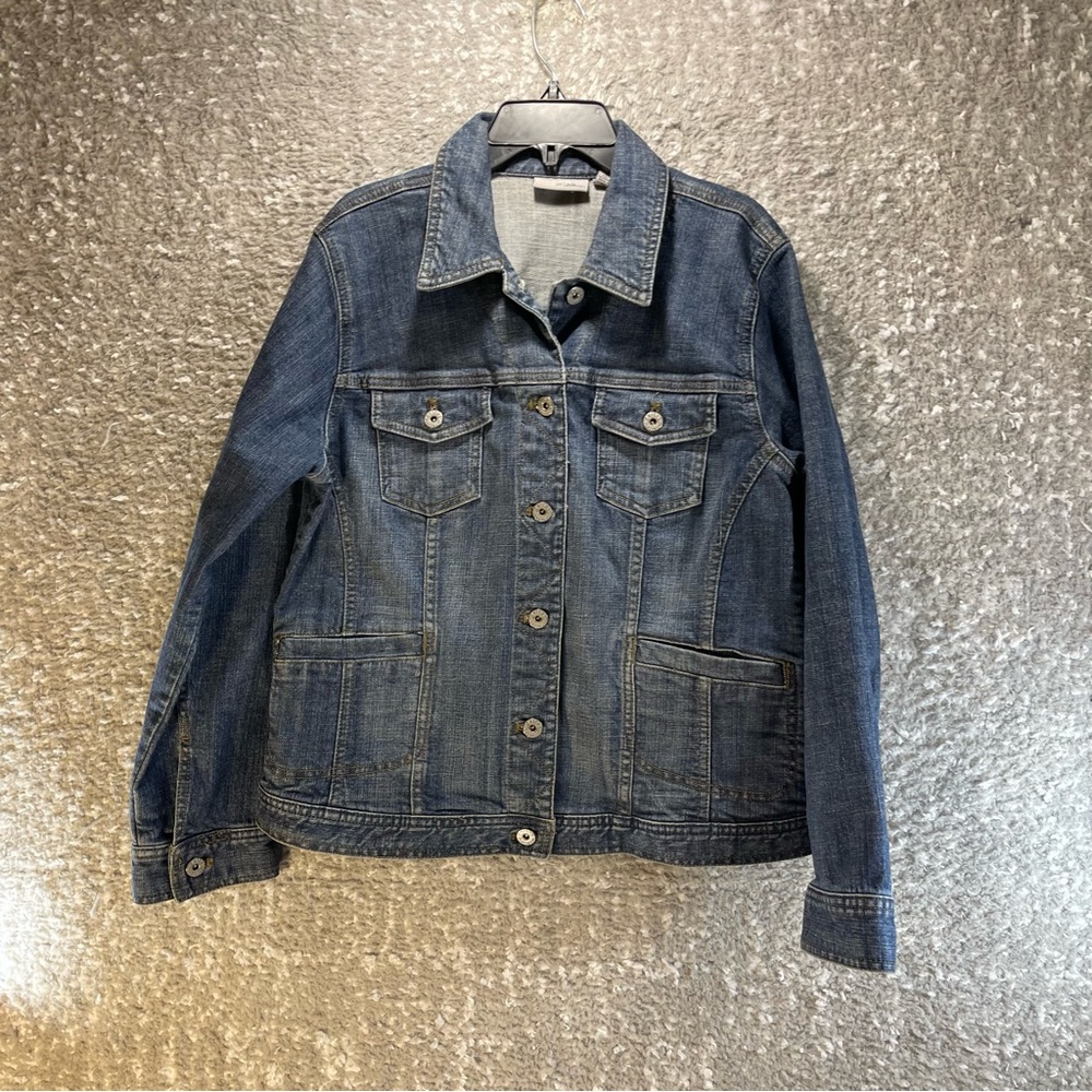 Chicos Platinum Jean Jacket Womens 0 Small Blue Denim Long Sleeve Cotton